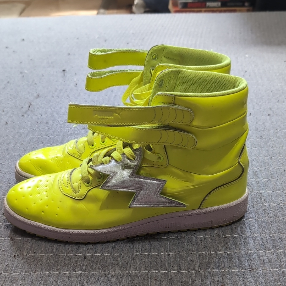 Puma Neon Yellow High-Top Kids Sneakers with Silver Bolt